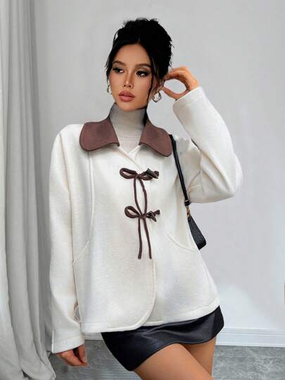 SHEIN Unity 女士蝴蝶结设计短款大衣，优雅精致，天鹅绒拼布撞色秋冬外套