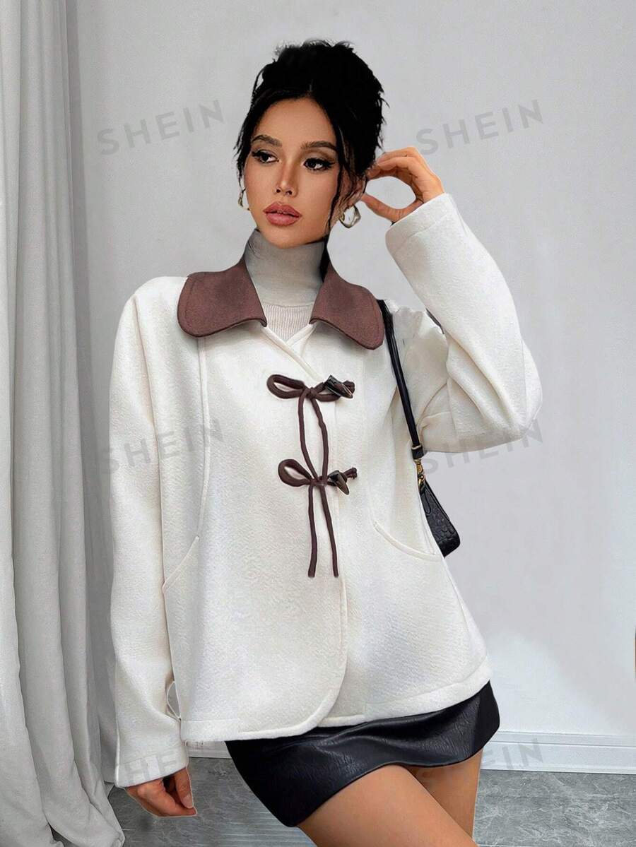 SHEIN Unity Abrigo corto de mujer con diseño de lazo, elegante y sofisticado, chaqueta de terciopelo con contraste de color para otoño/invierno