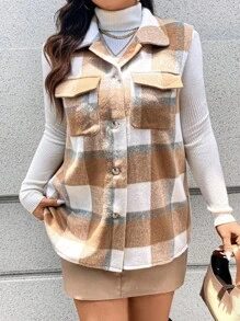 Calvaya Chaleco de moda encantador de talla grande con bolsillo, sin mangas y con botones de solapa a cuadros