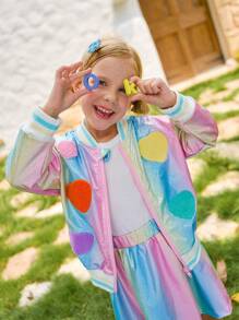 SHEIN 2 件/套女孩时尚服装 - 长袖拉链飞行员夹克和配套反光面料裙子套装，饰有彩色毛巾刺绣心形图案，时尚新潮的秋冬 - 藍色 - 查看 1