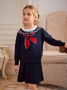 SHEIN 2 件套年轻女孩针织毛衣套装，海军蓝学院风针织毛衣和裙子套装，秋冬，海军蓝 - 藏蓝色 - 查看 6