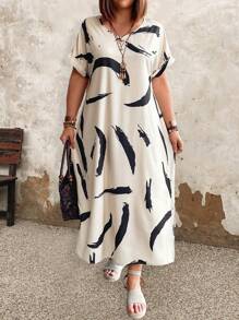 大码休闲拼色印花连衣裙 - 彩色 - 查看 1