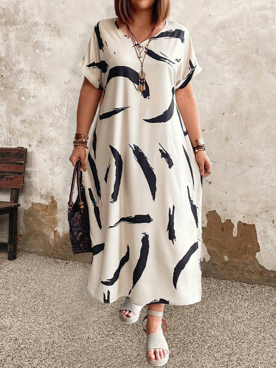 大码休闲拼色印花连衣裙 - 彩色 - 查看 1