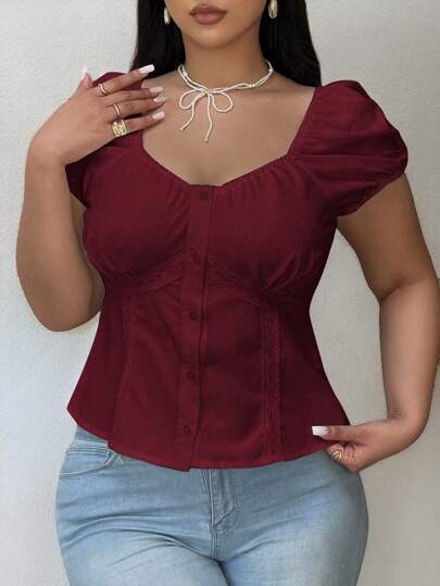 Vibekara Camisa de manga abullonada con cuello tipo corazón y botones al frente, de estilo casual de verano para tallas grandes