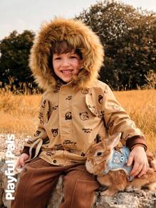 SHEIN 1pc Young Boy Cute Retro Casual Bear Print Long Sleeve Straight Cut Mid-Length Thermal Lined Hooded Padded Coat,Home & Outdoor,Spring/Autumn/Winter - Apricot - View 17