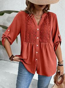EMERY ROSE Plus Size V-Neck Color Block Lace Sleeve Button-Down Casual Blouse Suitable For Outdoor, Vacation