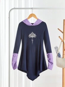 SHEIN LUNE Women Casual Floral And Letter Print Contrast Color Hoodie Mini Dress