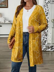 EMERY ROSE 大码女式宽松条纹印花长袖休闲开衫夹克，适合夏季 - 芥末黃 - 查看 1