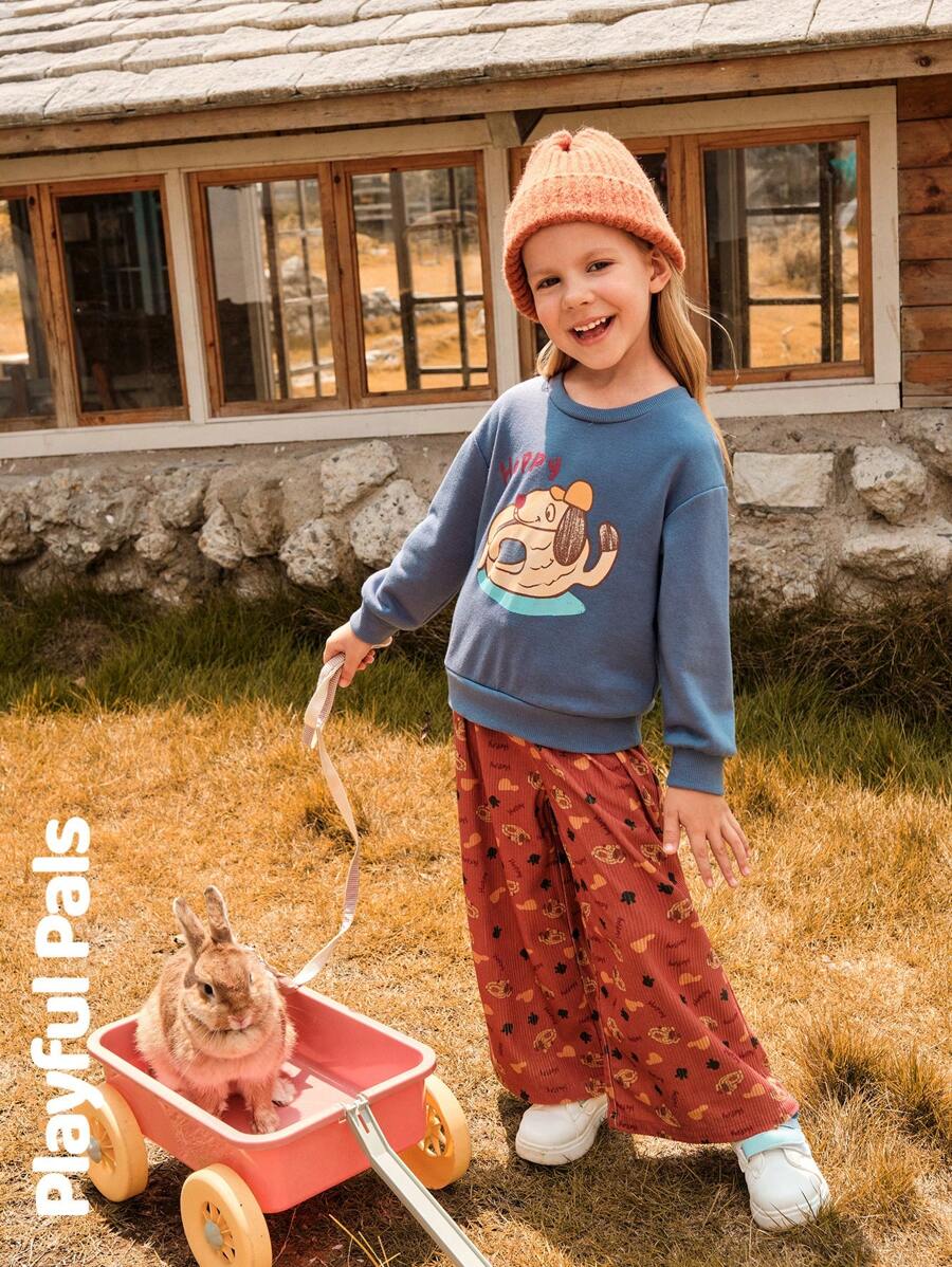 SHEIN 2pcs Set Young Girl Cute/Vintage/Casual Dog All Over Print Long Sleeve Sweatshirt & Mini Skirt Suitable For Home And Outdoor, Spring/Autumn/Winter - Multicolor - View 1