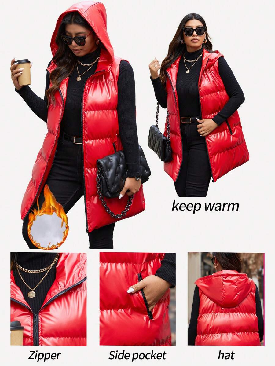 Calvaya Große Größen Metallic ärmelloses mit Kapuze gepolsterter Mantel, Mittellänge, gepolstert, Winterkleidung