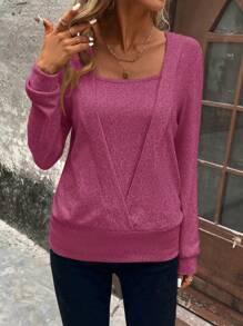 SHEIN Clasi Áo nỉ cổ tròn tay dài màu trơn tối giản, mặc thường ngày vào mùa thu/đông - Màu Hồng Tươi - Xem 4