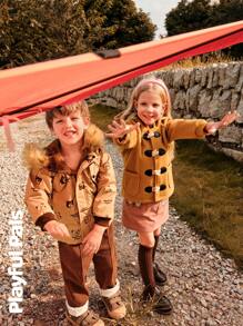 SHEIN 1pc Young Boy Cute Retro Casual Bear Print Long Sleeve Straight Cut Mid-Length Thermal Lined Hooded Padded Coat,Home & Outdoor,Spring/Autumn/Winter - Apricot - View 4