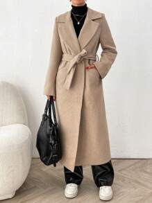 EURMUSE French Loose Fit Pockets Belt Thick Long Jacket - Apricot - View 4