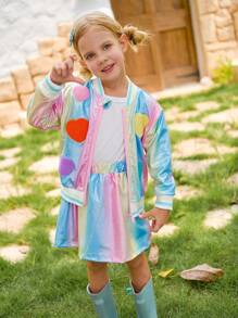 SHEIN 2 件/套女孩时尚服装 - 长袖拉链飞行员夹克和配套反光面料裙子套装，饰有彩色毛巾刺绣心形图案，时尚新潮的秋冬 - 藍色 - 查看 7