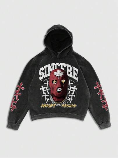 Street Life Men's Vintage Washed Snow Flake & Letter Print Hoodie