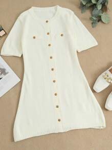 INAWLY Women's Solid Color Front Button Short Sleeve Faux Pocket Minimalist Casual Mini Dress