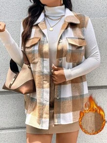 Calvaya Chaleco de moda encantador de talla grande con bolsillo, sin mangas y con botones de solapa a cuadros