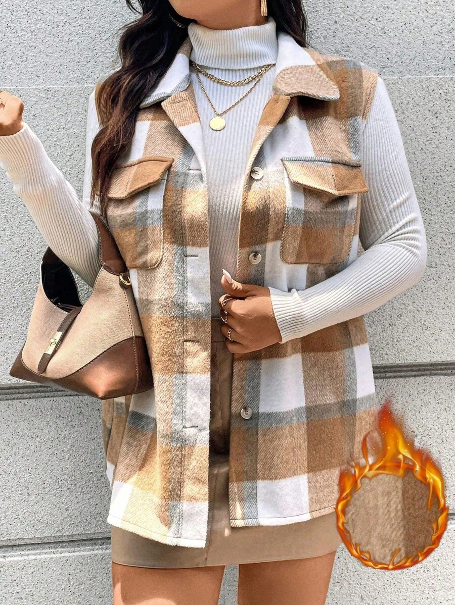 Calvaya Plus Size Lapel Button Sleeveless Pocket Plaid Charming Fashion Vest - Multicolor - View 1