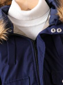 Chaqueta gruesa con capucha y cuello mullido para bebé niño, otoño invierno - Azul Marino - Ver 7