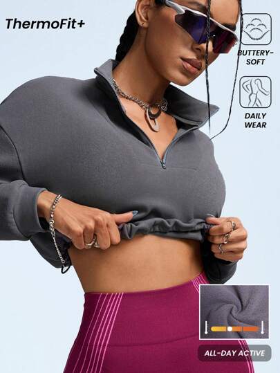 Innovista Sudadera corta elástica y cómoda de felpa, sudadera básica, top de ejercicio, top de gimnasio, top para salir, sudadera gris, sudadera con cremallera media, sudadera con bajo con cordón, sudadera con cuello alto, sudadera con la cintura descubierta, suéter, top de entrenamiento para mujeres, atuendos de mujer para otoño, térmica, naranja