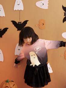 SHEIN 小女孩的夜光幽灵印花渐变粉色针织圆领长袖运动衫，万圣节