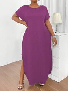 Flirla Váy xẻ tà tay cánh dơi màu trơn cỡ lớn, mùa thu - Màu tím - Xem 7