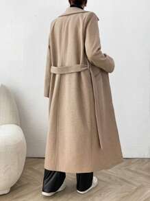 EURMUSE French Loose Fit Pockets Belt Thick Long Jacket - Apricot - View 2