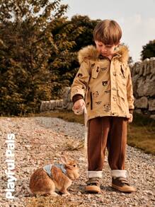 SHEIN 1pc Young Boy Cute Retro Casual Bear Print Long Sleeve Straight Cut Mid-Length Thermal Lined Hooded Padded Coat,Home & Outdoor,Spring/Autumn/Winter - Apricot - View 10