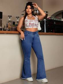 SHEIN EZwear Jeans Flare de Perna Simples para Mulheres Plus Size - Azul - Visão 4