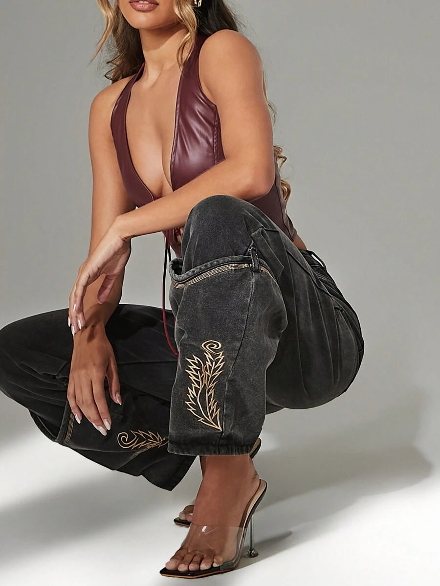 Denimoi Quần Jeans Denim Cạp Thấp Thêu Kiểu Phương Tây