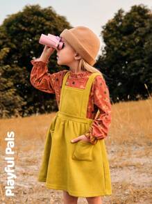 SHEIN 2 件年轻女孩可爱/复古/休闲小狗全身印花长袖衬衫和吊带裙 2 件套，适合室内和室外，春/秋/冬