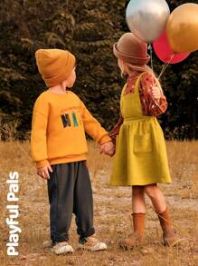 SHEIN 2 件年轻女孩可爱/复古/休闲小狗全身印花长袖衬衫和吊带裙 2 件套，适合室内和室外，春/秋/冬