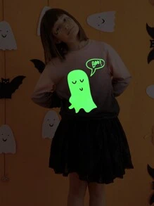 SHEIN Tween Girls Glow In The Dark Ghost Print Ombre Knit Crew Neck Long Sleeve Sweatshirt For Halloween, Autumn/Winter - Pink - View 1