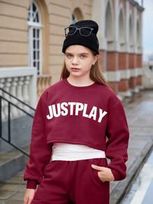 2pcs Tween Girls' Casual Letter Print Drop Shoulder Sweatshirt And Tapered Pants Set, Autumn - Burgundy - View 1