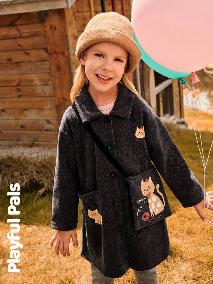 SHEIN 1 chiếc áo khoác midi dài tay in hình mèo dễ thương/cổ điển/thường ngày cho bé gái, thích hợp mặc ở nhà và đi chơi, mùa xuân/thu/đông - Xám - Xem 1