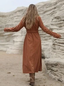 Aveloria Modichic High-End Velour V-Neck Buttoned Cinched Waist Waist Slimming Long Sleeve Dress For Women