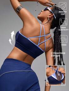 Innovista Áo ngực thể thao lưới thoáng khí và gợi cảm phối màu cho nữ, áo tập gym & thường ngày, áo ba lỗ tập luyện, áo khoét rỗng, áo ngực nâng ngực, yoga, mùa thu, áo ngực thể thao màu xanh - Màu xanh lam - Xem 2