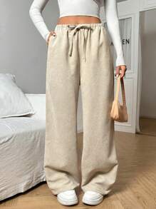 Muchica Women's Solid Color Waist Tie Loose Corduroy Wide Leg Pants - Apricot - View 3