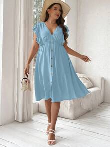 Flirla 大码纯色 V 领荷叶边下摆连衣裙 - 淺藍色 - 查看 5