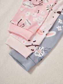 3pcs/Set Young Girl Cute Rabbit & Ditsy Floral Long Sleeve Snug Fit Long Pants Pajamas Set - Multicolor - View 5