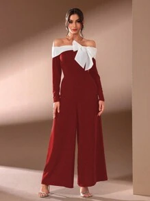 SHEIN Belle Burgundy Red Women's Colorblock Bow Detail Christmas Party Jumpsuit, Elegant - Burgundy - View 6