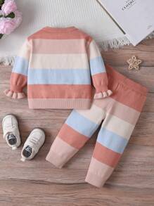 SHEIN Conjunto 2 peças Suéter de Tricô Casual de Listras e Calça para Bebê Menina, Outono/Inverno - Laranja - Visão 2