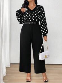 SHEIN Clasi Bộ đồ liền thân cổ chữ V in chấm bi thanh lịch cỡ lớn cho nữ khi đi làm - Đen và trắng - Xem 5