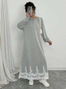 Chiquease Đầm nỉ trùm đầu ren dài tay màu tương phản thu đông cho nữ - Xám - Xem 6