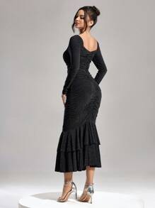 SHEIN Belle 女式圣诞甜心领长袖荷叶边镂空鱼尾下摆化装舞会礼服 - 黑色 - 查看 2