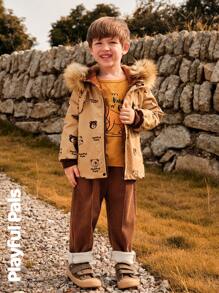 SHEIN 1pc Young Boy Cute Retro Casual Bear Print Long Sleeve Straight Cut Mid-Length Thermal Lined Hooded Padded Coat,Home & Outdoor,Spring/Autumn/Winter - Apricot - View 13