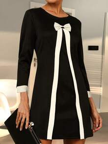 Women Elegant Black & White A-Line Long Sleeve Knee Length Bow Retro Autumn Dress
