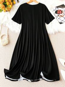 SHEIN Clasi Đầm thường ngày cổ tròn tay ngắn in họa tiết khối màu cỡ lớn cho nữ - Đen và trắng - Xem 2