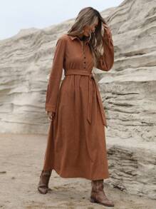 Aveloria Modichic High-End Velour V-Neck Buttoned Cinched Waist Waist Slimming Long Sleeve Dress For Women