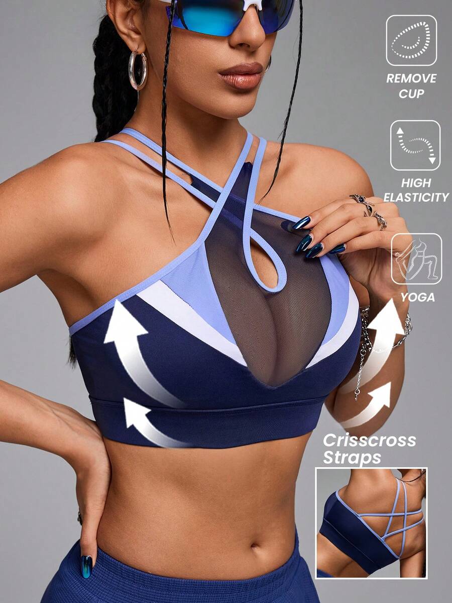 Innovista Áo ngực thể thao lưới thoáng khí và gợi cảm phối màu cho nữ, áo tập gym & thường ngày, áo ba lỗ tập luyện, áo khoét rỗng, áo ngực nâng ngực, yoga, mùa thu, áo ngực thể thao màu xanh - Màu xanh lam - Xem 1